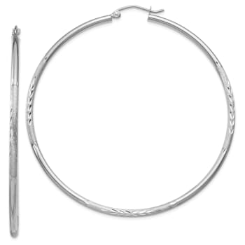 Rhodium Over 14k White Gold Satin and Diamond-Cut 2 3/8" Round Hoop Earrings
