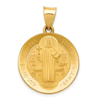 14K Yellow Gold Polished and Satin St Benedict Hollow Medal Pendant
