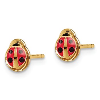14k Yellow Gold Children's Red and Black Enamel Ladybug Stud Earrings