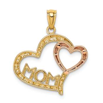 14K Tri-color Gold Diamond-Cut MOM in Heart with Heart Pendant