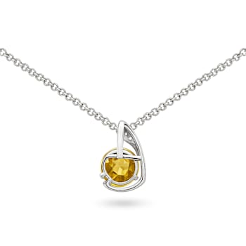 Natural Yellow Citrine Sterling Silver Round Shape Pendant with Chain