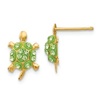 14k Yellow Gold Light Green Crystal Turtle Stud Earrings