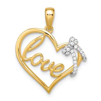 14k Yellow Gold and 14k White Gold Polished Heart with Bow Diamond Pendant