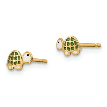 14k Yellow Gold Children's Green, Black and White Enamel Turtle Stud Earrings