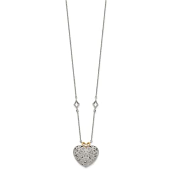 Rhodium Over Sterling Silver with 14K Accent Diamond Vintage Heart Necklace