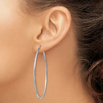 Rhodium Over 14k White Gold Satin and Diamond-Cut 2 3/8" Round Hoop Earrings