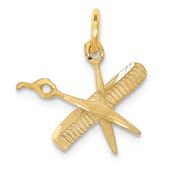 14k Yellow Gold Brushed, Diamond-Cut Comb and Scissors Charm