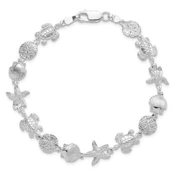 Rhodium Over Sterling Silver Polished and Textured Sea Life Bracelet