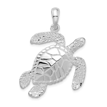 Rhodium Over Sterling Silver Polished Large Swimming Sea Turtle Pendant