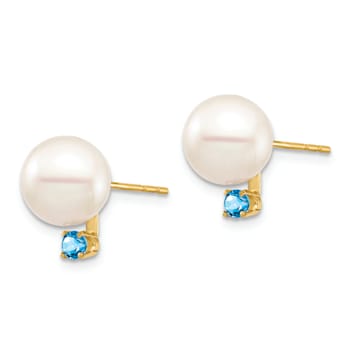 14K Yellow Gold 8-8.5mm White Round Freshwater Cultured Pearl Swiss Blue
Topaz Post Earrings