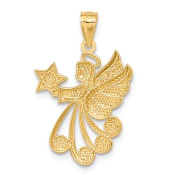 14k Two-tone Gold Textured and Diamond-Cut Angel with a Star Pendant