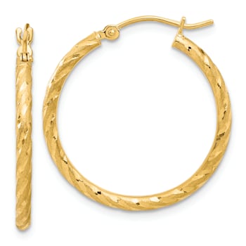14k Yellow Gold Polished, Satin and Diamond-Cut 1 1/16" Hoop Earrings