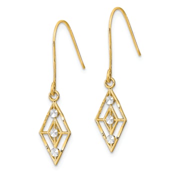 14k Two-tone Diamond-Cut Small Diamond Shape Dangle Earrings