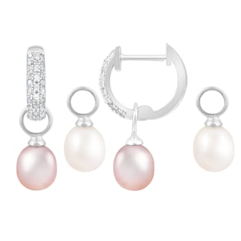 7-8mm White and Pink Cultured Freshwater Pearl Rhodium Over Sterling
Silver Earrings