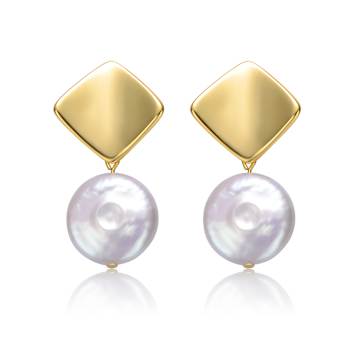 Pear Shape Pearl Square Drop Earrings In 14K Gold Over Sterling Silver
