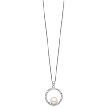 Rhodium Over Sterling Silver 8-9mm White Freshwater Cultured Pearl and
Cubic Zirconia Necklace