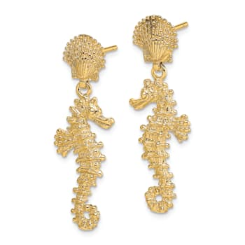 14k Yellow Gold Textured Seahorse Dangling From Shell Earrings