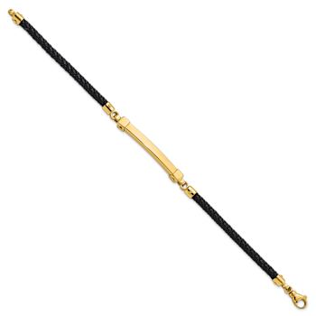 14K Yellow Gold Polished Bar Leather Bracelet