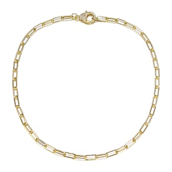 CZ Pave Clasp Paperclip Link Chain Necklace In 14K Gold Over Brass 16 Inch