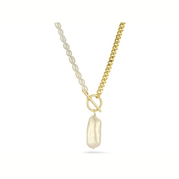 Cultured Freshwater Pearl Curb Chain Necklace in 14k Gold Over Silver