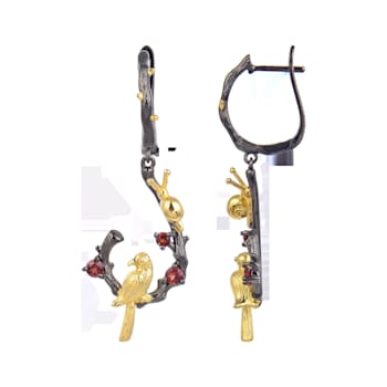 Garnet Rhodium Over Sterling Silver Nature Inspired Robin Earrings