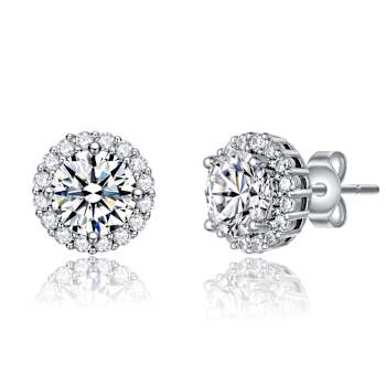 CZ Halo Stud Earrings In White Rhodium Over Brass
