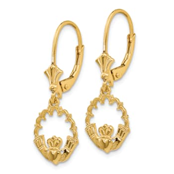 14k Yellow Gold Claddagh in Circle Dangle Earrings