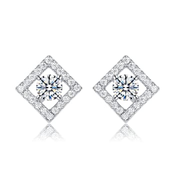 CZ Halo Stud Earrings In White Rhodium Over Brass