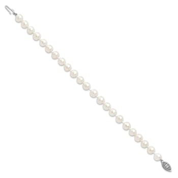 Rhodium Over Sterling Silver 7-8mm White Freshwater Cultured Pearl Bracelet