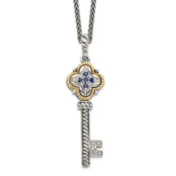 Sterling Silver Antiqued with 14K Accent Sapphire and Diamond Key Necklace