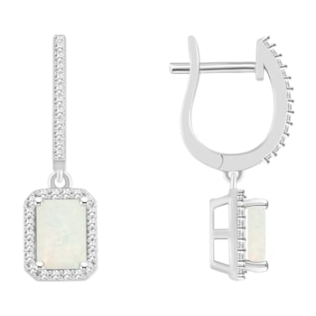 7x5mm Emerald Cut Opal 1/3 ctw Diamond Rhodium Over Sterling Silver Halo
Dangle Earrings