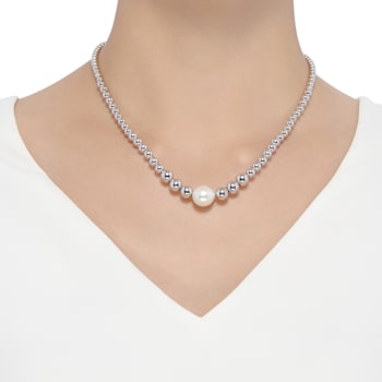 13-14mm Round White Freshwater Pearl Sterling Silver Graduated Beaded Necklace