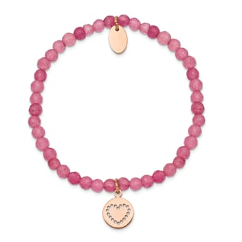 Rose Stainless Steel Polished Heart Pink Jade Stretch Bracelet