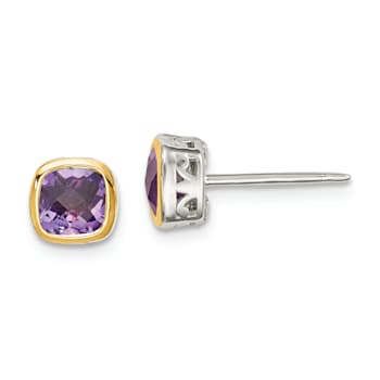 Rhodium Over Sterling Silver with 14k Accent Amethyst Square Stud Earrings