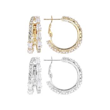 White Crystal Double Hoop Earring Set Of 2 In Gold And Silver Tone