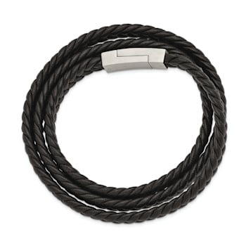 Black Braided Leather and Stainless Steel Brushed 23-inch Wrap Bracelet