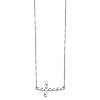 Rhodium Over 14K White Gold Polished Twisted Sideways Cross 17-inch Necklace