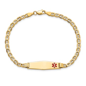 14k Yellow Gold Medical Soft Diamond Shape Red Enamel Mariner Link ID Bracelet