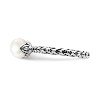 Rhodium Over Sterling Silver Stackable Expressions 7.0-7.5mm White
Freshwater Cultured Pearl Ring