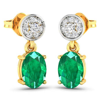 1.12ctw 14K Yellow Gold  Zambian Green Emerald and White Diamond Halo Earrings