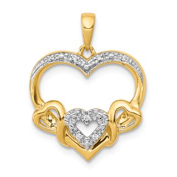 14K Yellow Gold .03ctw Diamond and Rhodium Heart with 3 Smaller Hearts Pendant