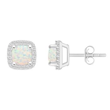 5mm Cushion Created Opal And Created White Sapphire 10k White Gold Halo
Stud Earrings
