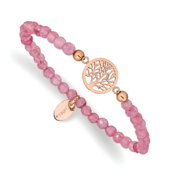 Rose Stainless Steel Polished Tree of Life Red Jade Stretch Bracelet