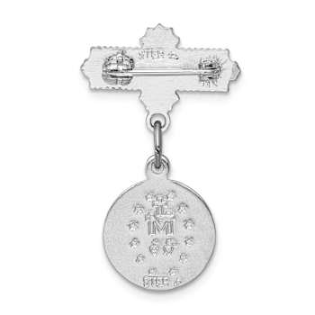 Rhodium Over Sterling Silver Miraculous Medal Dangle Pin Brooch