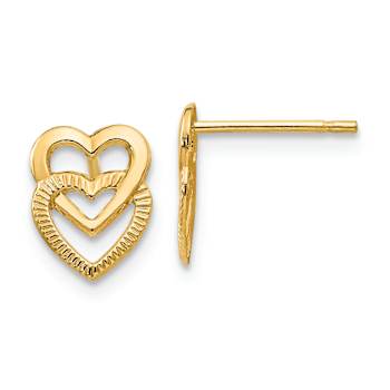14k Yellow Gold Polished and Textured Double Heart Stud Earrings