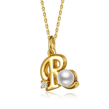 Initial R Pearl And CZ Pendant Necklace In 14K Gold Over Brass