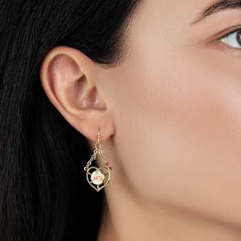 Gold Tone Heart Porcelain Rose Wire Earrings