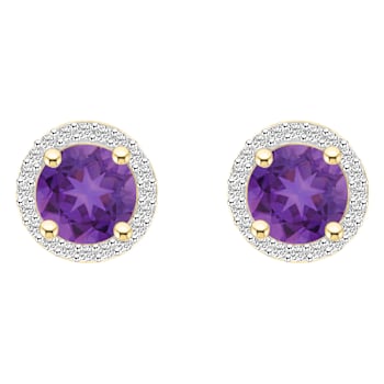 6mm Round Amethyst And Created White Sapphire 10k Yellow Gold Halo Stud Earrings