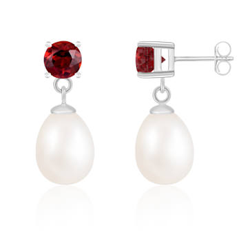 7.5-8mm White Cultured Freshwater Pearl and Garnet Rhodium Over Sterling
Silver Earrings