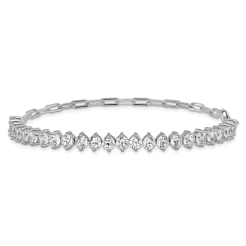 Rhodium Over Sterling Silver Fancy Cubic Zirconia and Paperclip Link Bracelet